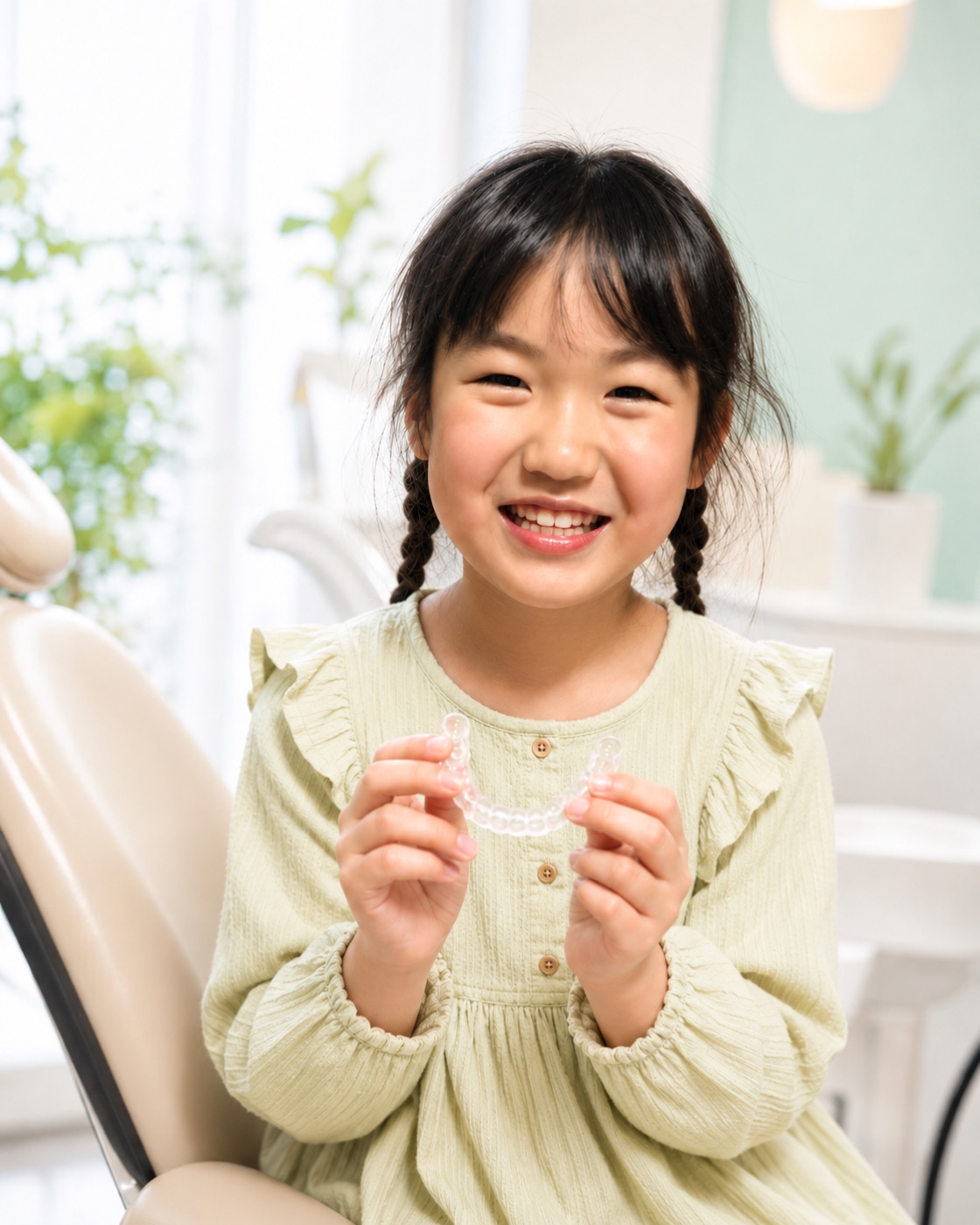 マウスピース矯正を持って笑顔のお子さま